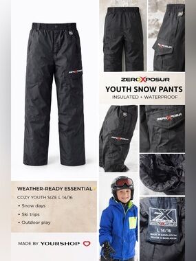 Youth Snow Pants L 14 16 Black Insulated Ski Winter Waterproof Cargo Outdoor